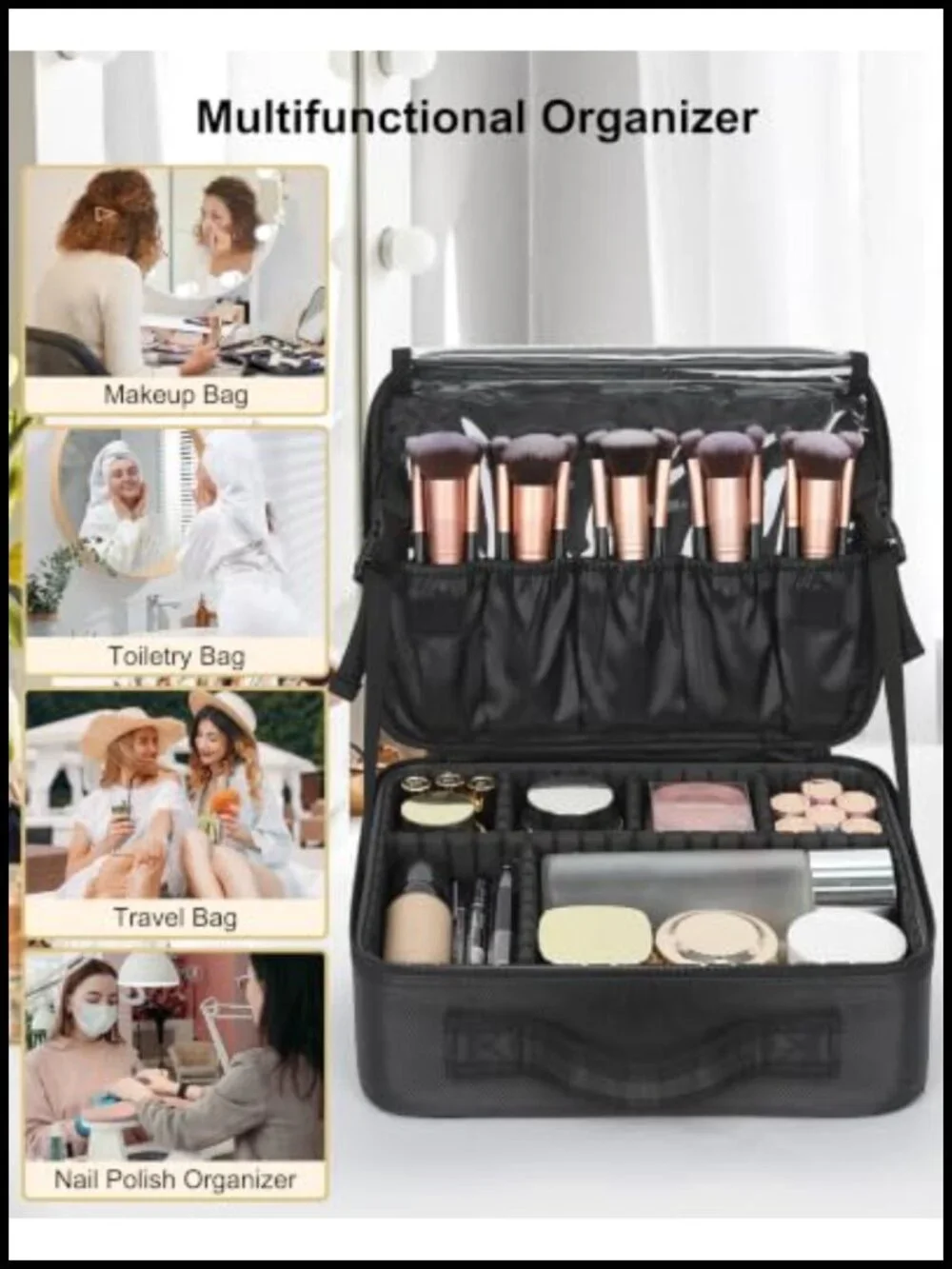 Large Makeup Bag Travel Train Case Toiletry Organizer with Adjustable Dividers